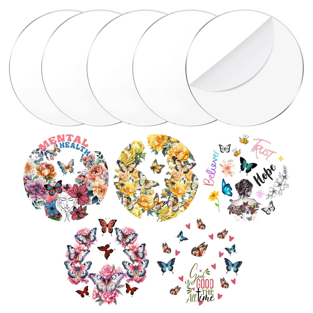 10PCS DIY Coaster Set, 5 Round Clear Acrylic Coasters & 5 Butterfly UV DTF Wrap Stickers, Craft Supplies for Custom Coasters, Decorative Home Decor, Office & Kitchen Accessories, Gift Idea