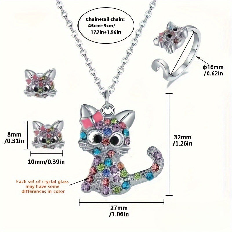 Wholesale Cartoon Colored Rhinestone Cat Alloy Earrings Necklace Ring ACC-NE-XunOu010