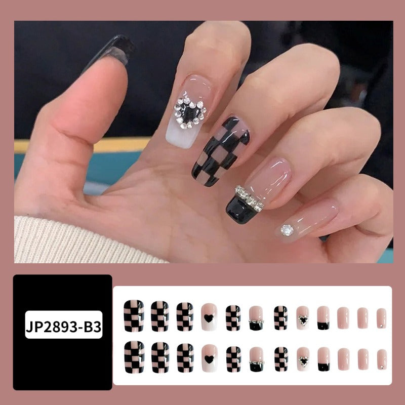 Wholesale 24 Pieces/box Valentine's Day Black Checkerboard Nails Kits Nail Stickers ACC-NS-QXJ057