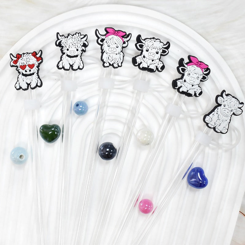 Wholesale Random 100pcs Cartoon Alpine Cow 10mm PVC Soft Straw Tube Cap ACC-SCR-RYY120