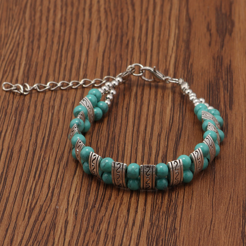 Wholesale Bohemian Double Rowed Turquoise Beaded Vintage Carved Bracelet ACC-BT-YueSen001