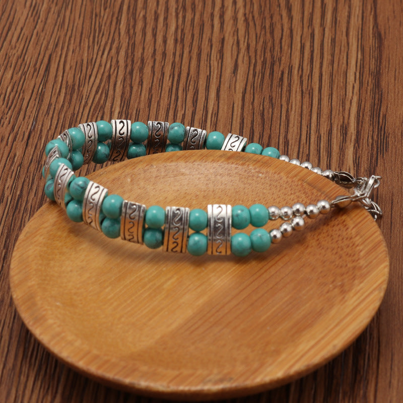 Wholesale Bohemian Double Rowed Turquoise Beaded Vintage Carved Bracelet ACC-BT-YueSen001