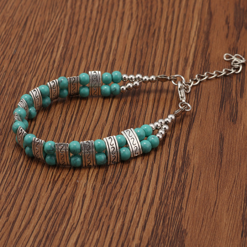 Wholesale Bohemian Double Rowed Turquoise Beaded Vintage Carved Bracelet ACC-BT-YueSen001