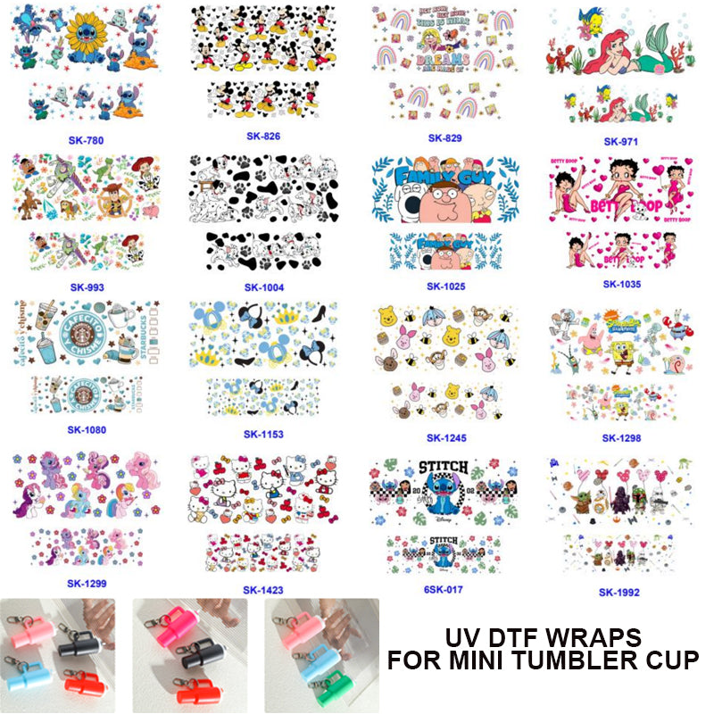 Wholesale Mix 16pcs Cartoon UV DTF Cup Wraps for Mini Tumbler Cup Keychains Accessories DIY Gift Cup Sticker Gift ACC-UDW-OSM019