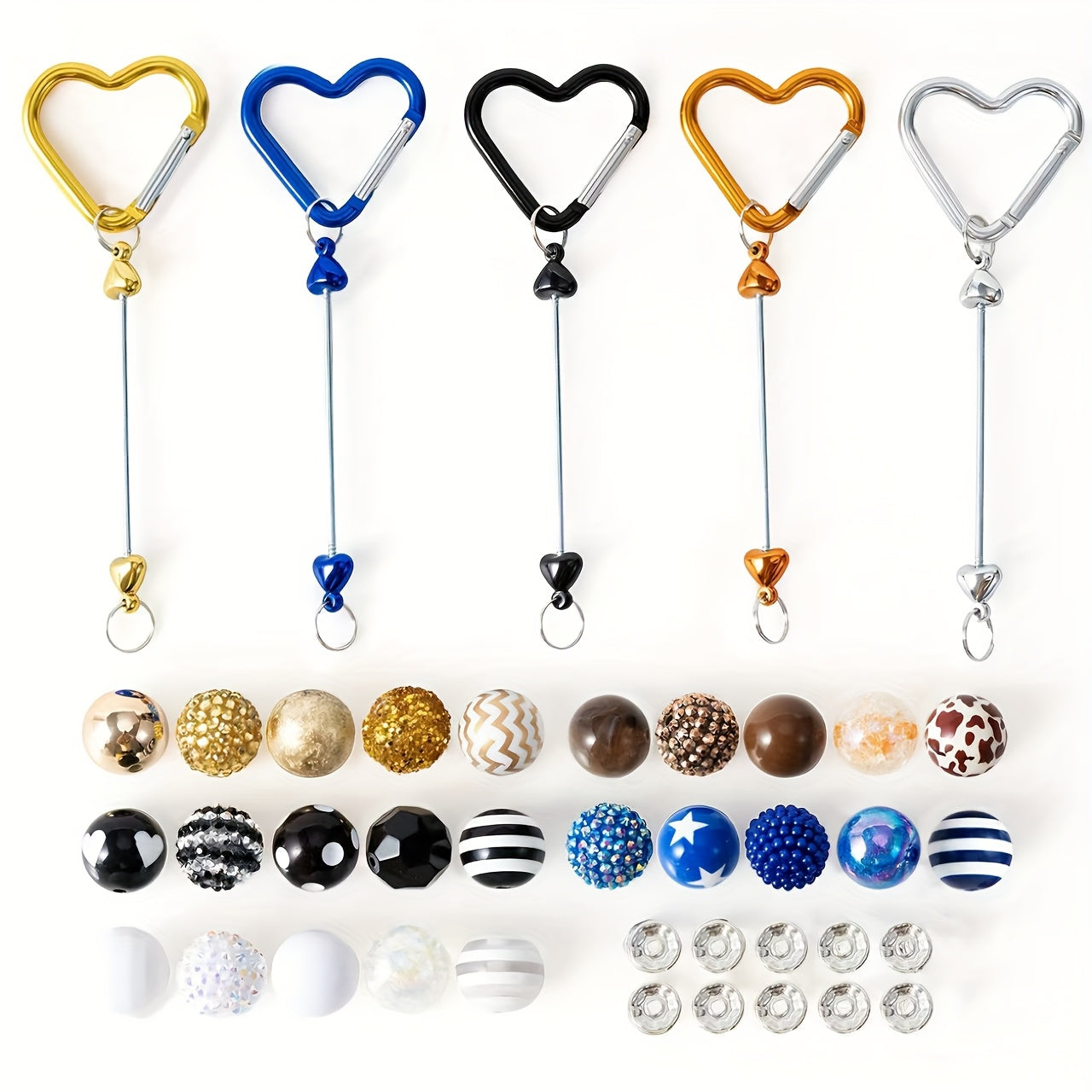 40pcs/Set Beadable Keychains Kits 20mm Chunky Bubblegum Beads Rhinestone Pearl Beads Heart Shaped Mountain Climbing Keychain for Jewelry Making Keychain Craft Making DIY Beaded Gifts