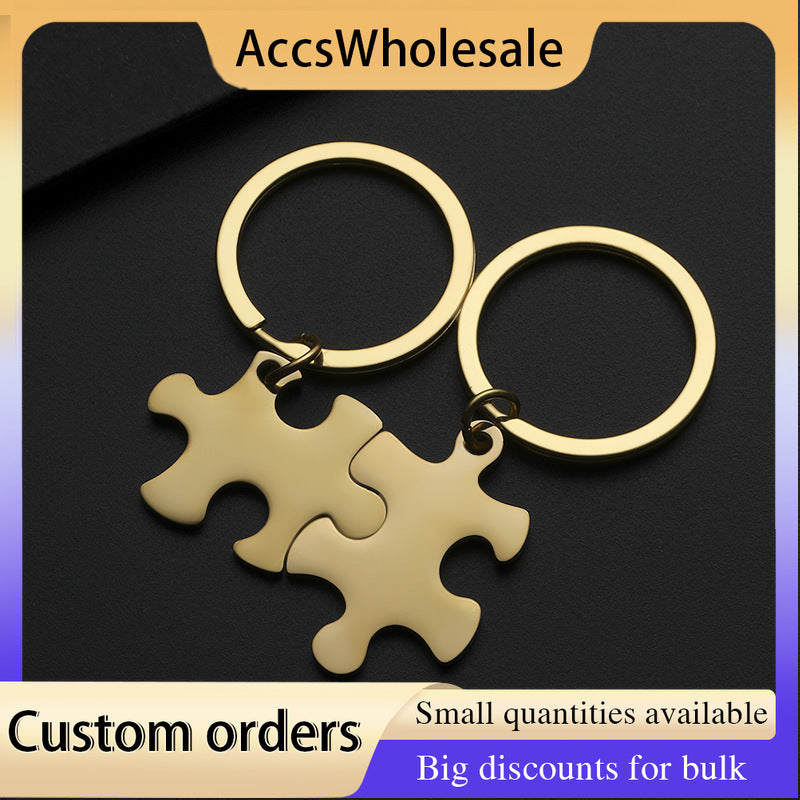 Custom Keychain with Laser Engraved Text or Logo - Multi-color Puzzle Charm Metal Keychain