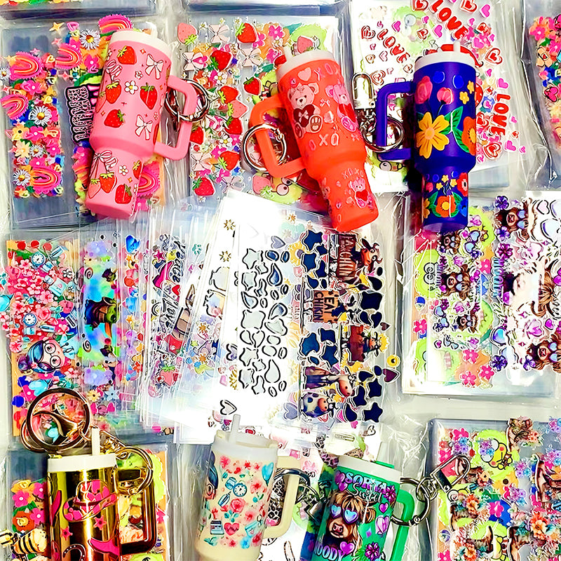 Wholesale Mix 16pcs Cartoon UV DTF Cup Wraps for Mini Tumbler Cup Keychains Accessories DIY Gift Cup Sticker Gift ACC-UDW-OSM020