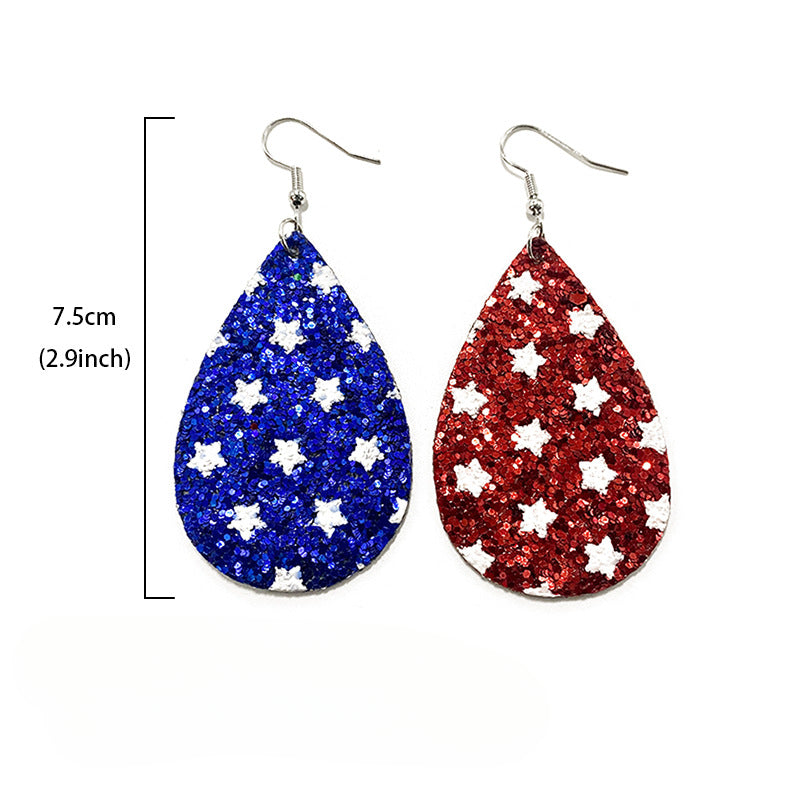 Wholesale American Independence Day Pentagram Glitter Asymmetrical Leather Earrings ACC-ES-XinChuan012
