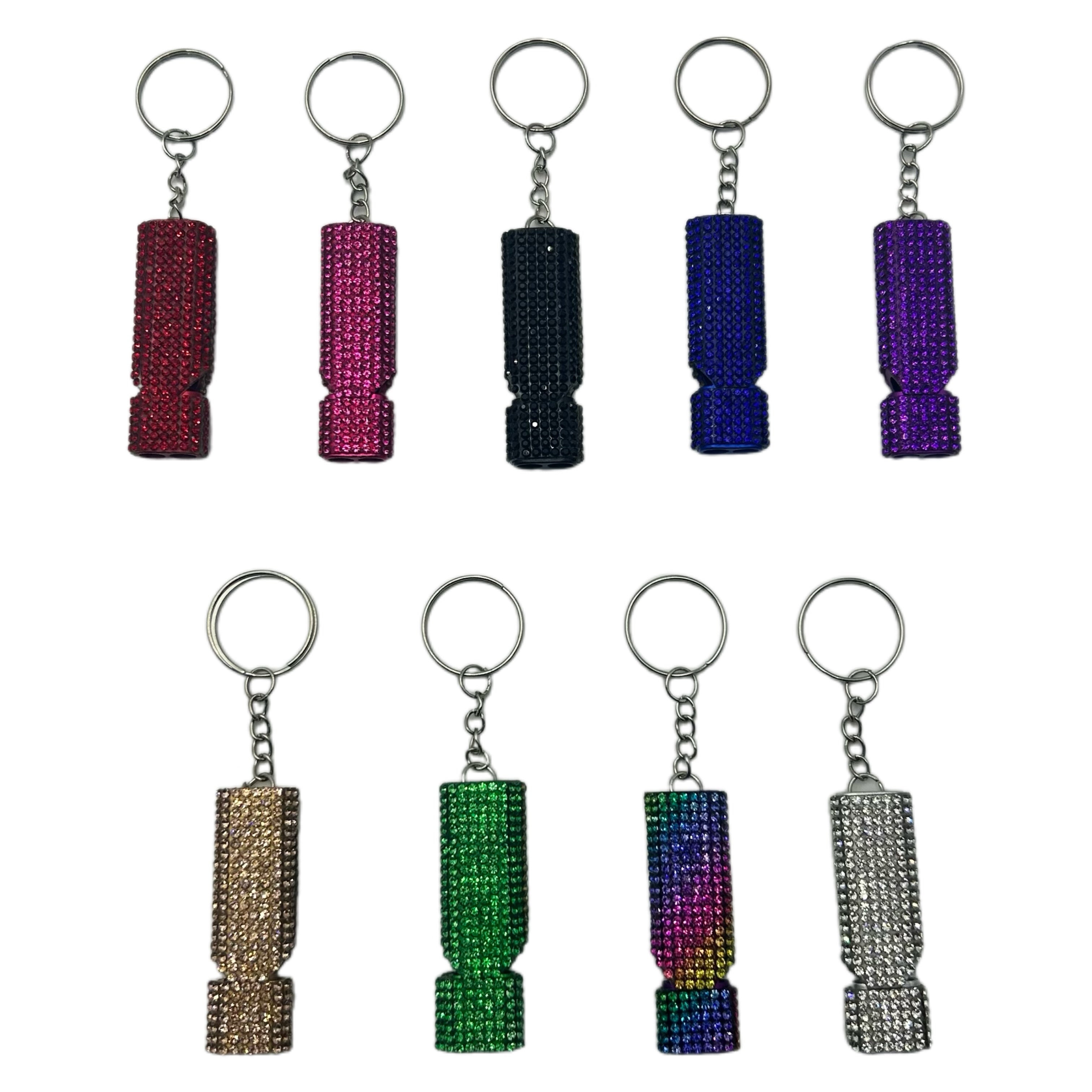 Wholesale 9pcs/set Outdoor Flat Aluminum Alloy Double Tube Whistle with Diamond Keychain Pendant ACCHW-KC-ZhiYa019