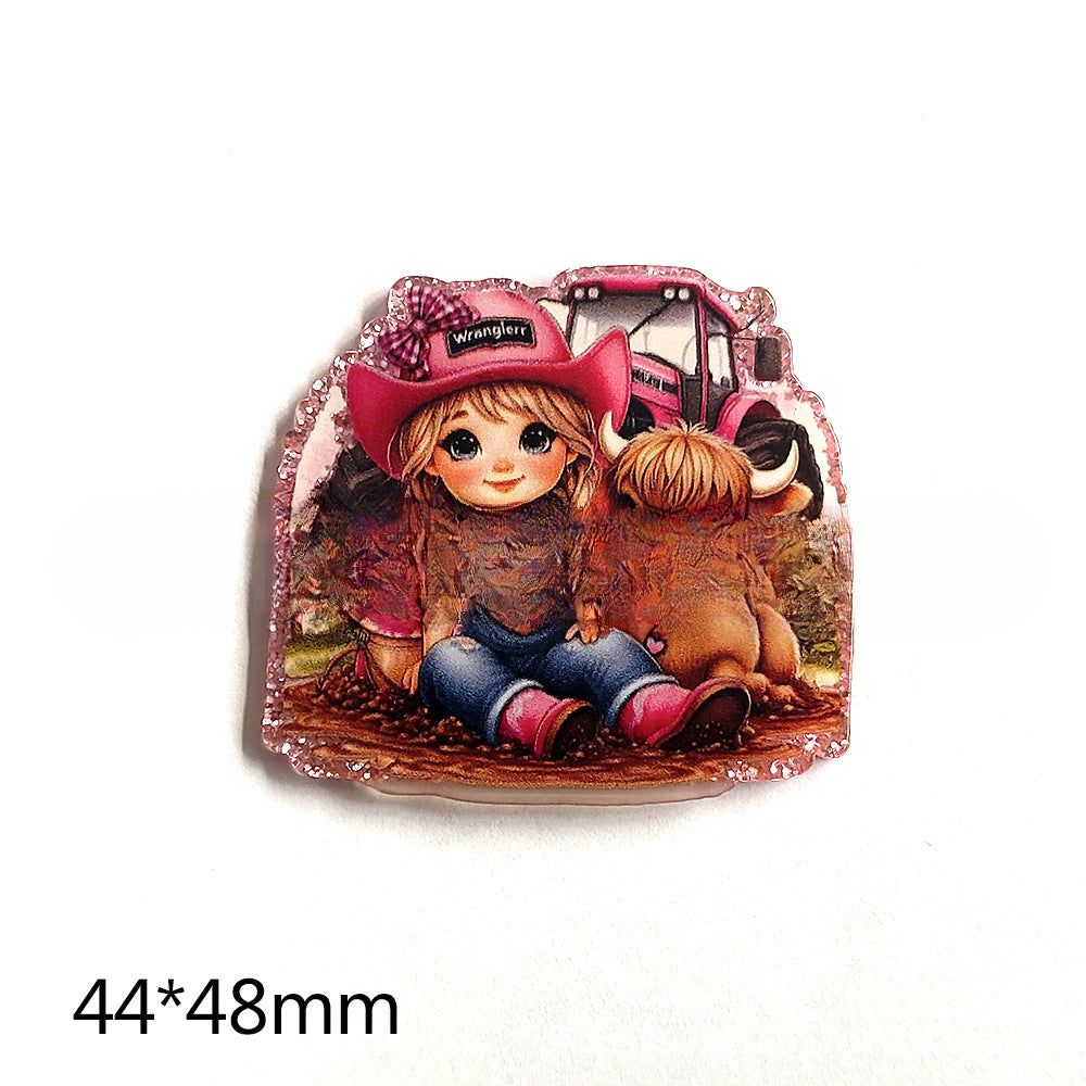 Wholesale 10pcs DIY Flatback Western Style Cow Acrylic Flatback Badge Scroll Retractable Keychain DIY Accessories ACC-FK-OuYe011