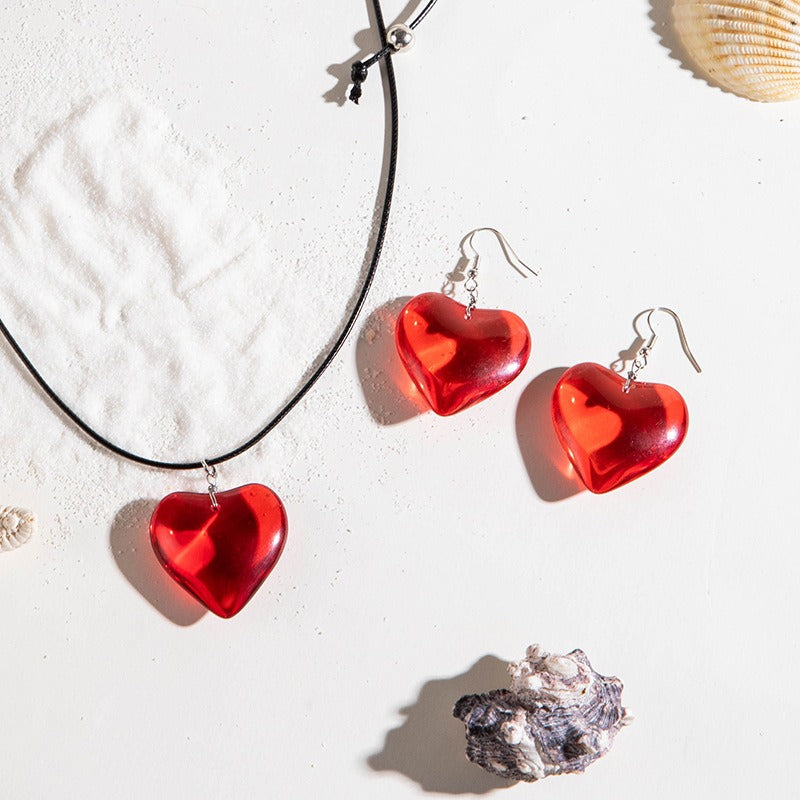 Wholesale Resin Peach Heart Earrings Necklace Red Love Heart Jewelry Set  ACC-NE-YongGe019