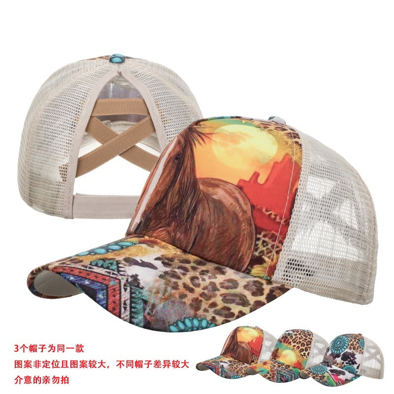 Wholesale Western Style Aztec Cow Print Leopard Mesh Cap Ponytail Cap Baseball Cap Hat ACC-HT-RongZhao005