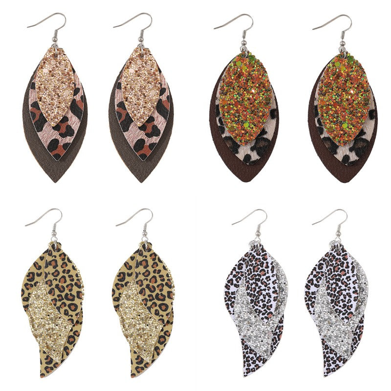 Wholesale Three-layer Leaf-shaped Sequined Leopard Leather Earrings ACC-ES-ChuLian113