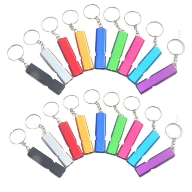 Wholesale 18pcs/set Outdoor Double Tube Whistle Aluminum Alloy Metal Outdoor Equipment Tools Keychain ACCHW-KC-KaBiao010