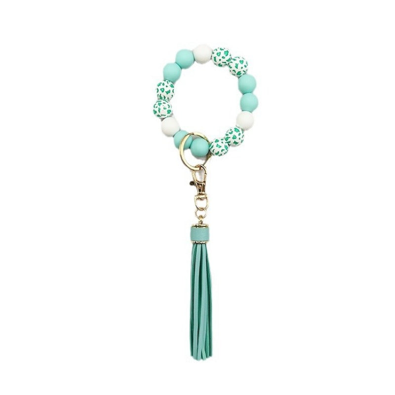 Wholesale Western Style Cow Pattern Wood Beads Silicone Beads Beaded Keychain ACC-KC-JiuYa008