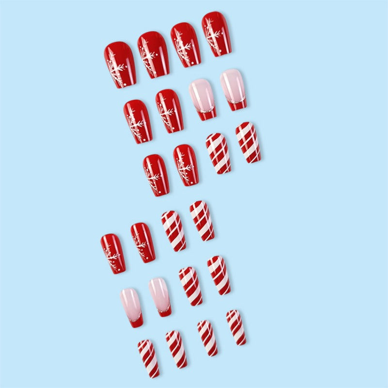 Wholesale 24 Pieces/box Christmas Red and White Stripes Glitter Snowflake Nails Kits Nail Stickers ACC-NS-QXJ015