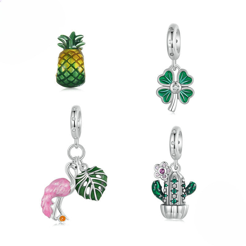 Wholesale Plant Series Cactus Diy Pendant Accessories Pink Flamingo S925 Silver Lucky Beads Charms ACC-CHS-YinZhiyun010