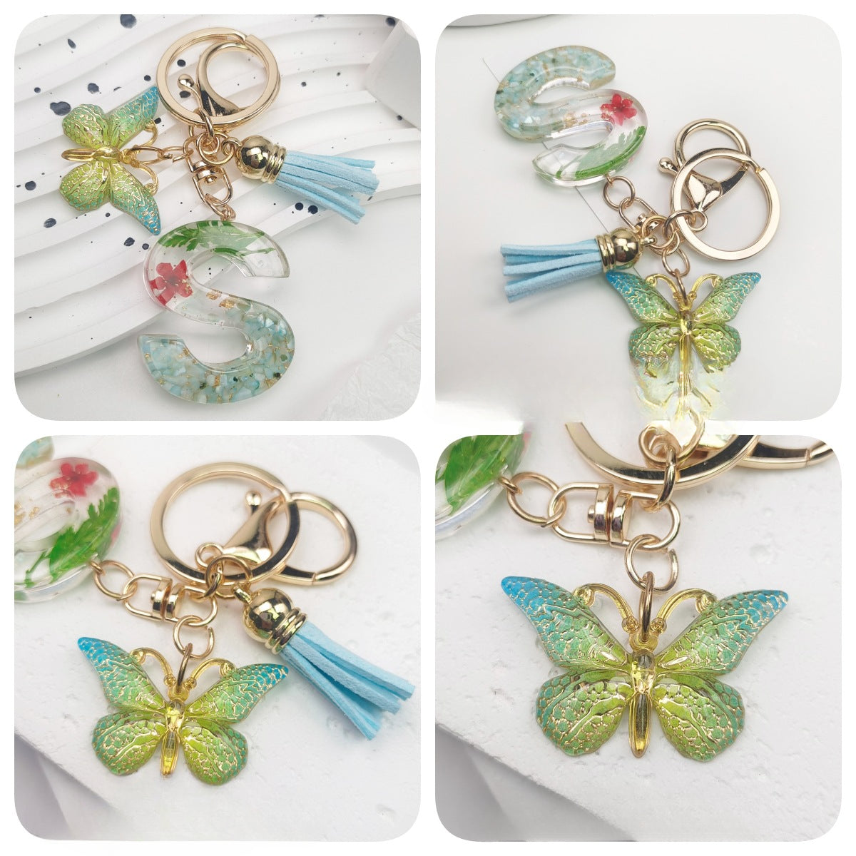 Wholesale Green English Letter Dried Flower Keychains Butterfly Tassel Keychain ACC-KC-Jiay002