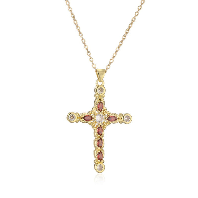 Wholesale Copper Plated Real Gold Zircon Cross Pendant Necklace ACC-NE-AoGu003