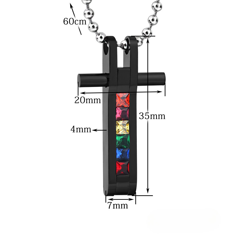 Wholesale Colorful Cross Rainbow Seven Colors Diamond Titanium Steel Necklace ACC-NE-ZhongJi004