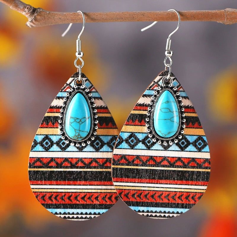 Wholesale Bohemian Western Ethnic Style Wooden Double Sided Water Drop Earrings ACC-ES-ChuLian104