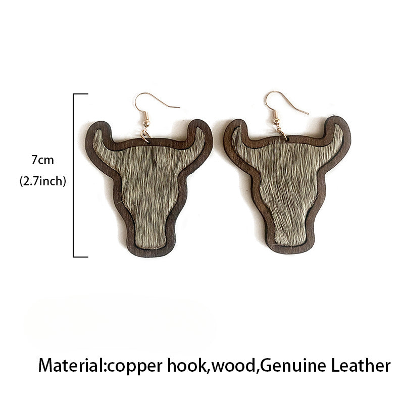 Wholesale Vintage Genuine Leather Western Bull Head Leopard Inlaid Wood Earrings ACC-ES-XinChuan065