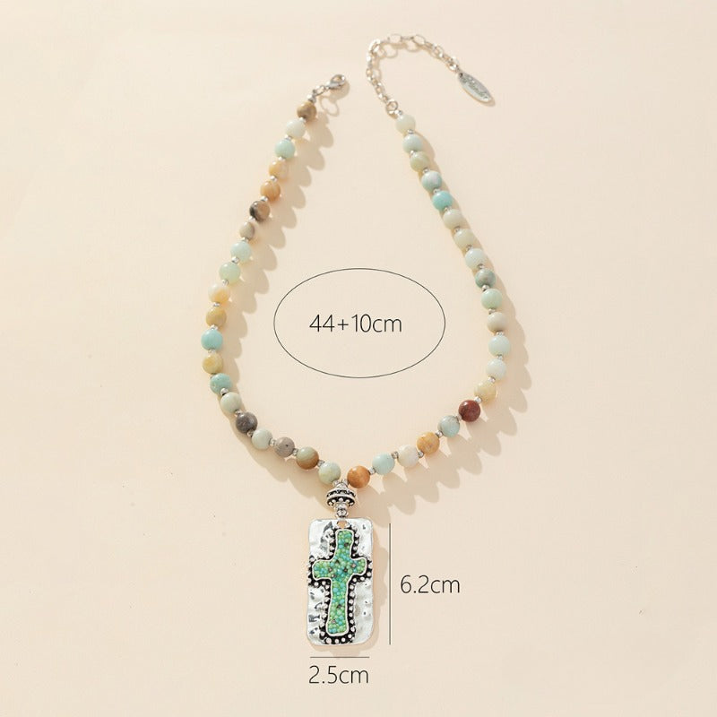 Wholesale Natural Stone Handmade Beaded Knotted Cross Necklace ACC-NE-QingHe002