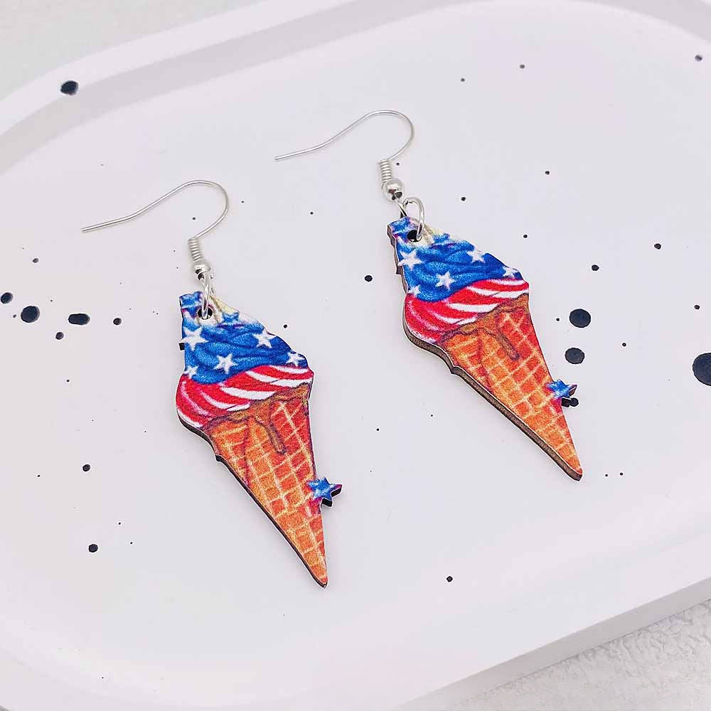 Wholesale Independence Day Earrings Pentagram Ice Cream Print Wooden Earrings ACC-ES-SuSheng002