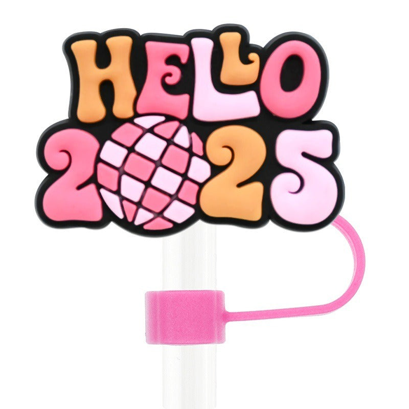 Wholesale Random 100pcs 2025 New Year Series 10mm PVC Soft Straw Tube Cap ACC-SCR-RYY130