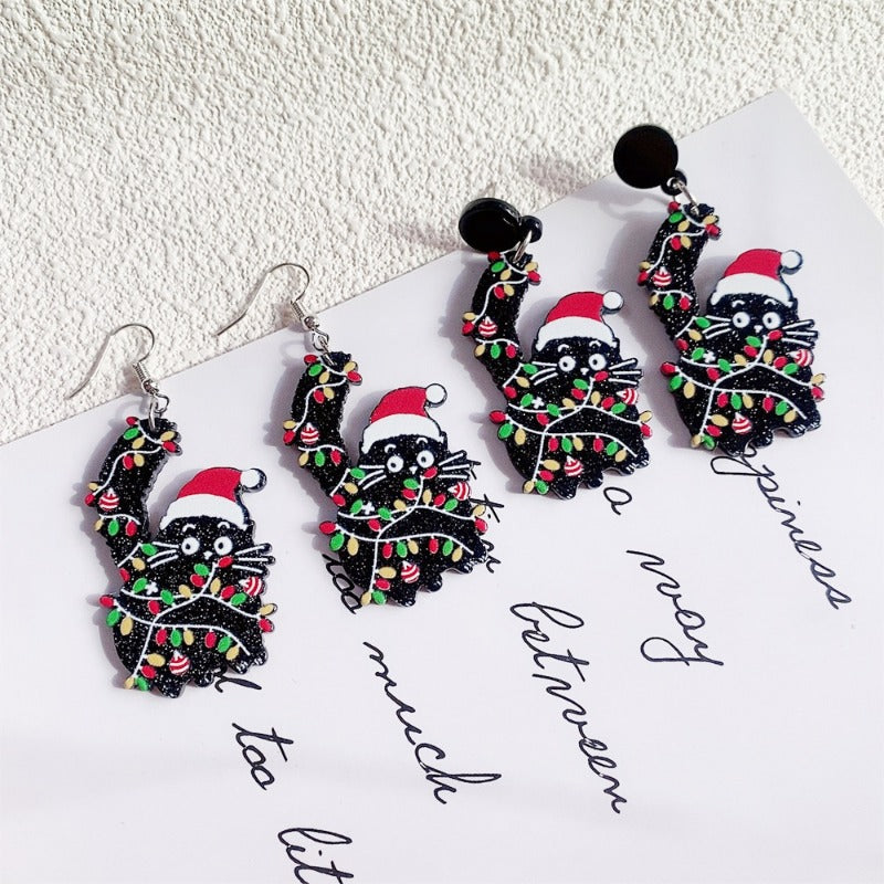 Wholesale Christmas New Acrylic Glitter Cartoon Black Cat Santa Claus Red Hat Earrings ACC-ES-Hongw001
