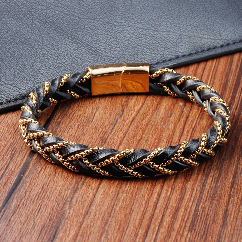 Wholesale Black Leather Cord Men's Double Layer Stainless Steel Bracelet ACC-BT-OSD001