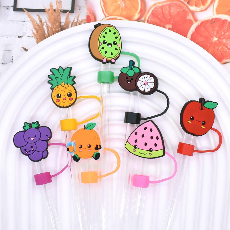 Wholesale Random 100pcs Cartoon Fruit 10mm PVC Soft Straw Tube Cap ACC-SCR-RYY119
