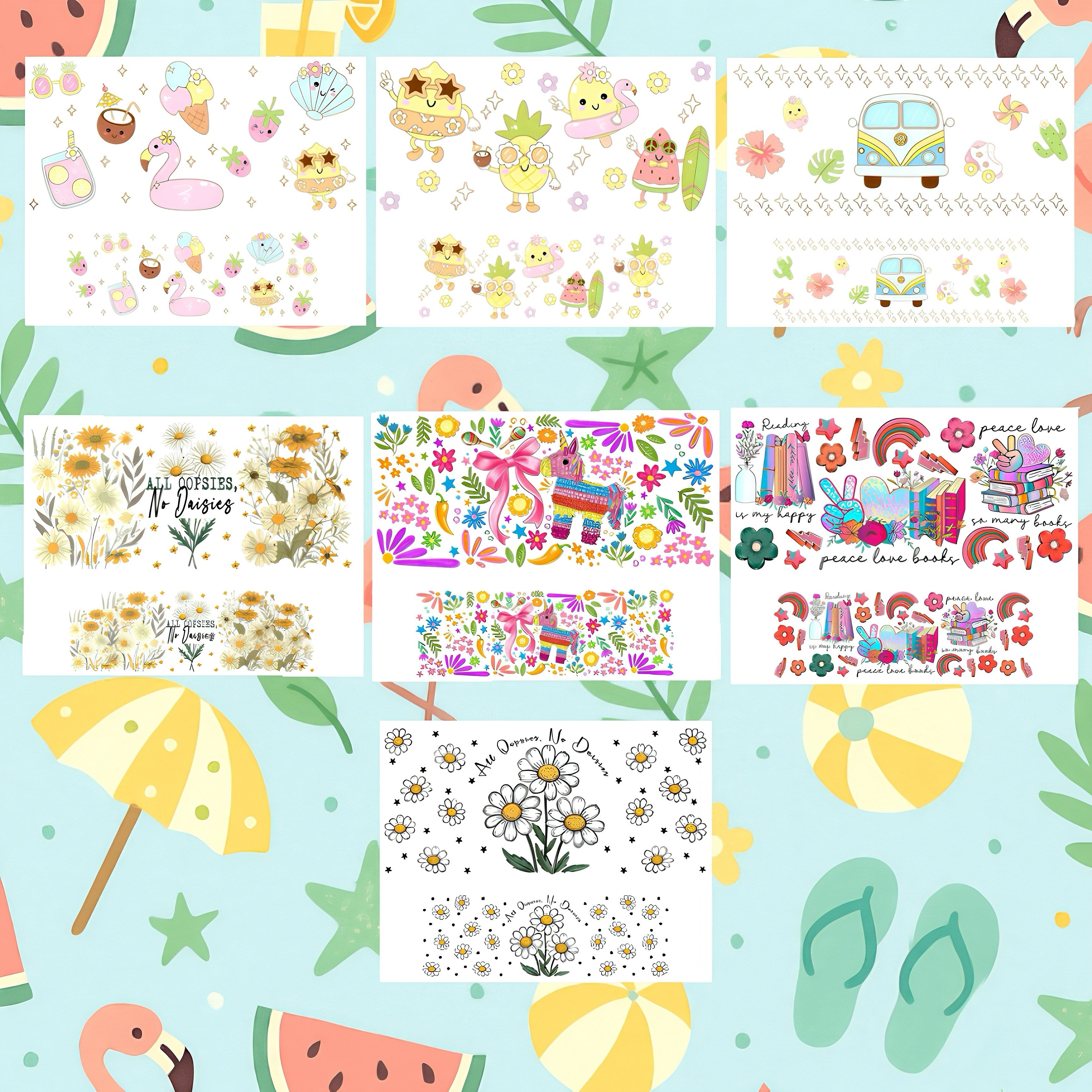 7pcs UV DTF Mini Tumbler Cup Keychain Wraps Lip Balm Holder, Flower Summer UV DTF Wraps Rub on Transfer Stickers for Women Cup Keychains Accessories, Cute Charms for Handbags and Backpack DIY Gift Cup Sticker Gift