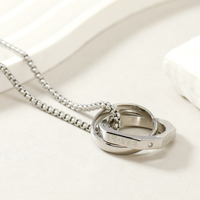 Wholesale Love Letter Double Ring Pendant Sweater Chain Stainless Steel Necklaces ACC-NE-WangG006