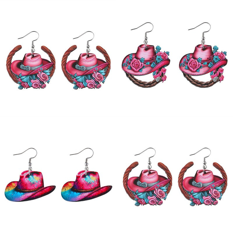 Wholesale Western Style Cowboy Hat Flower Horseshoe Pendant Earrings ACC-ES-ChuLian125