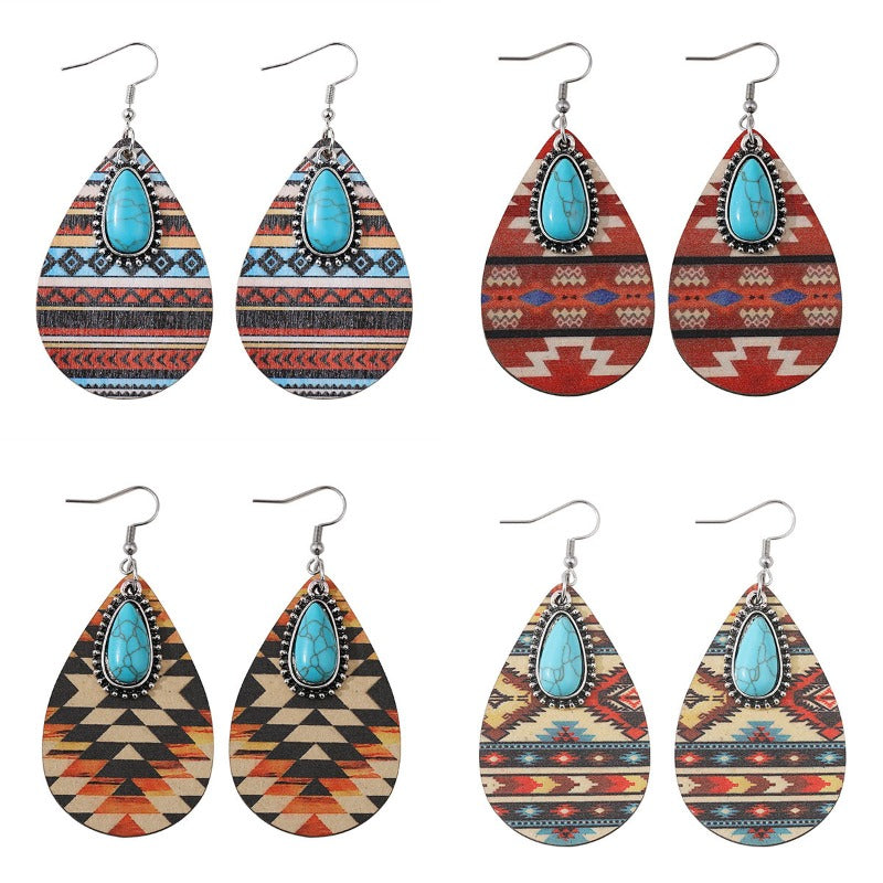 Wholesale Bohemian Western Ethnic Style Wooden Double Sided Water Drop Earrings ACC-ES-ChuLian104