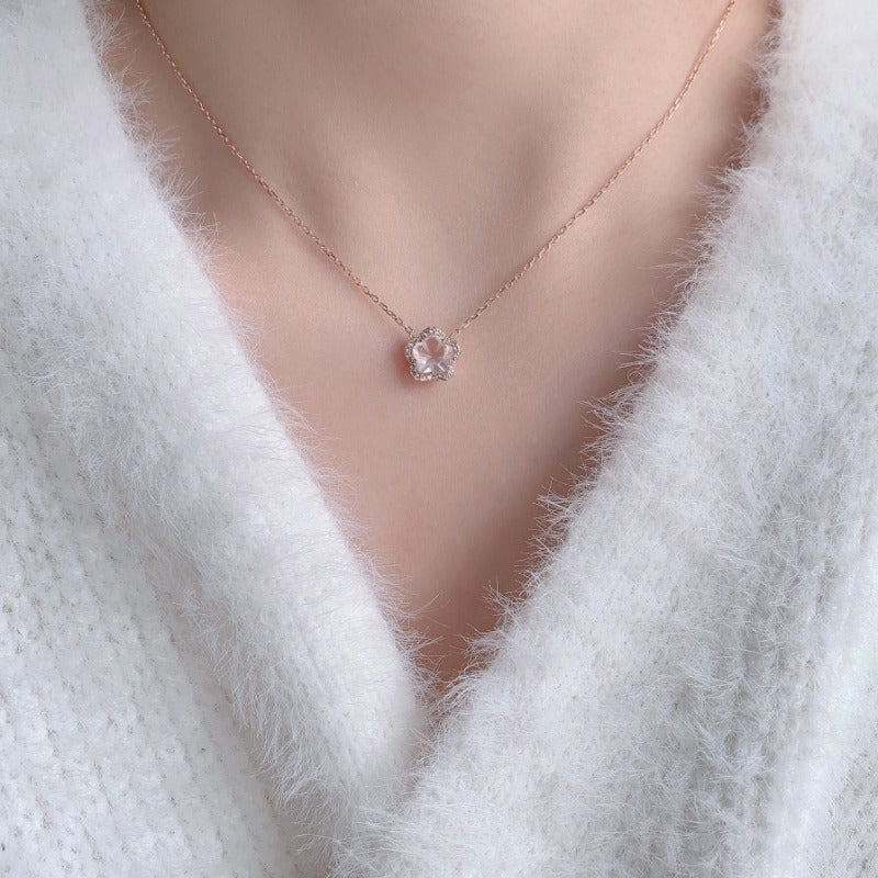 Wholesale Natural Rose Quartz Cherry Blossom Sterling Silver Necklace ACC-NE-XJF003