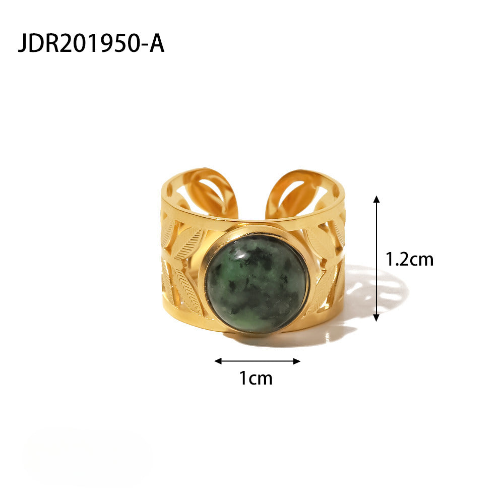 Wholesale Vintage Natural Stone 18K Gold Plated Stainless Steel Open Rings ACC-RS-WanX008