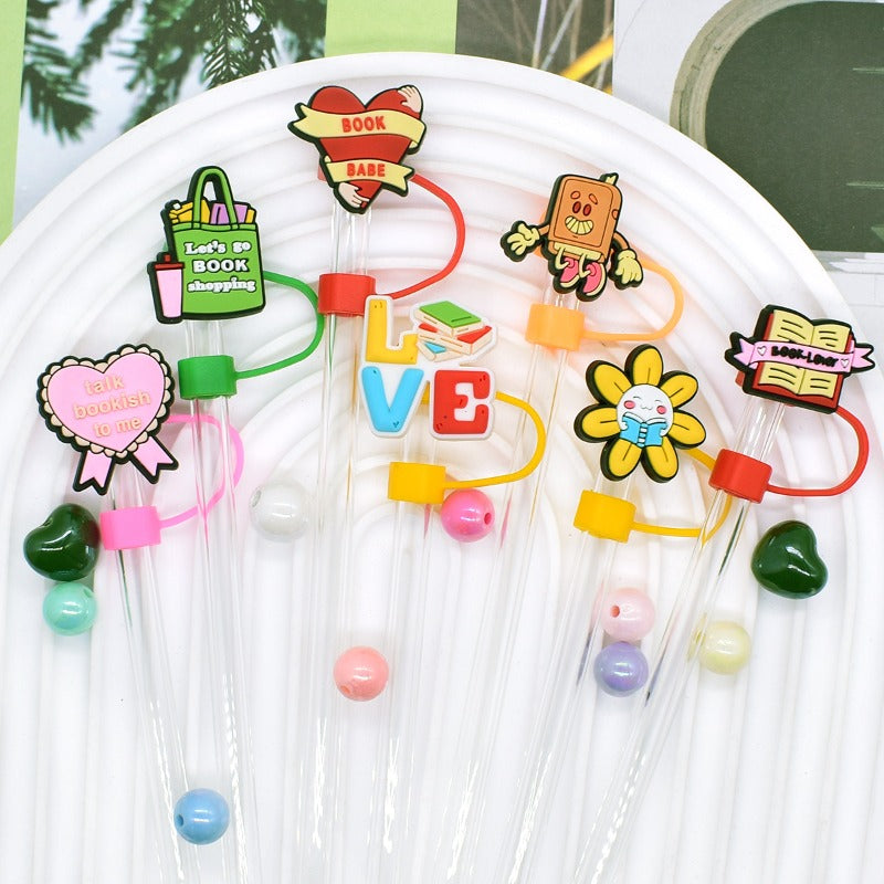 Wholesale Random 100pcs Bookworm Series 10mm PVC Soft Straw Tube Cap  ACC-SCR-RYY115
