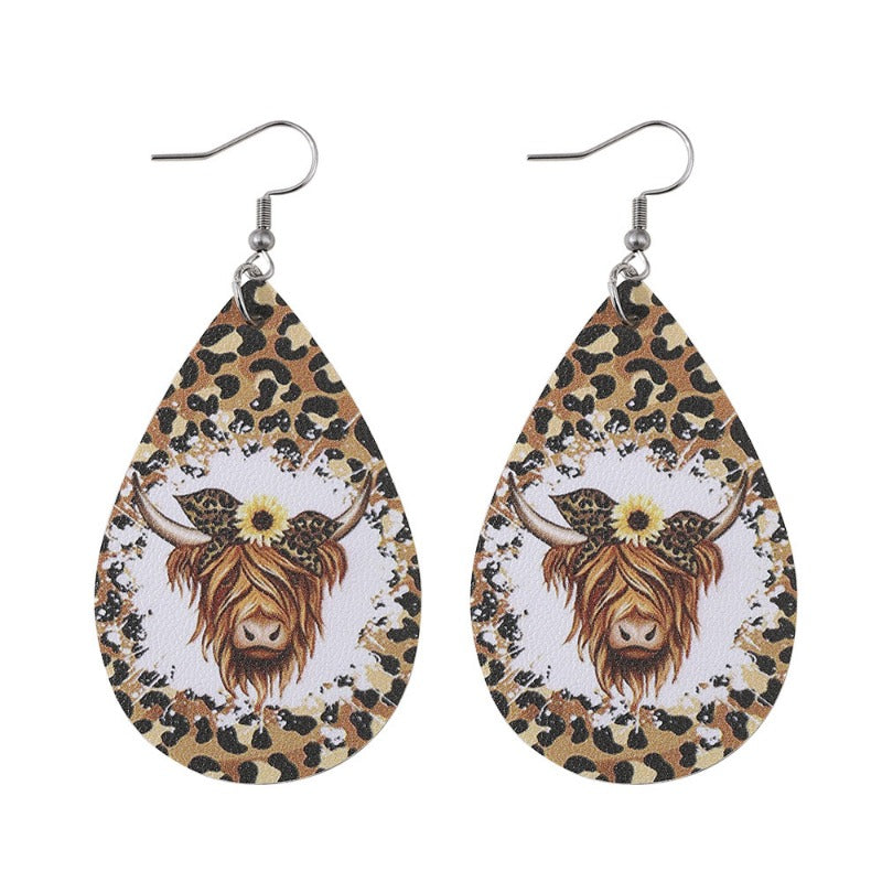 Wholesale Western Cowboy Leopard Print Cow Print Double-Sided PU Leather Earrings ACC-ES-ChuLian119