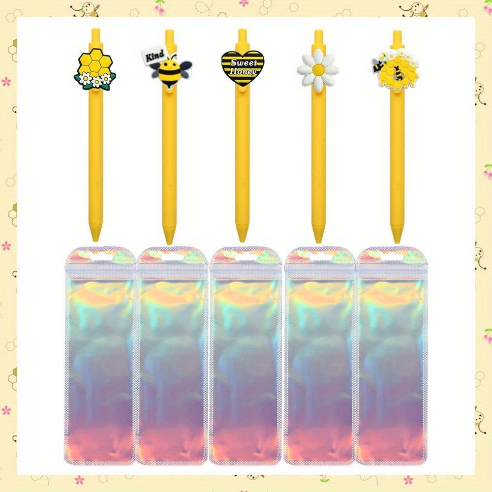 10pcs Cartoon Bee Pen Kits-5pcs Plastic Cartoon Honey Ballpoint Pen with 5pcs Colorful Bags Office Supplies Fashion Gifts