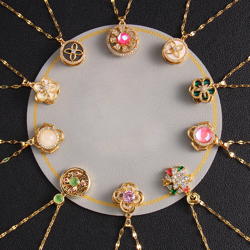 Wholesale Zircon Rotating Four Leaf Clover Flower Pendant Titanium Steel Necklace ACC-NE-Rongc006