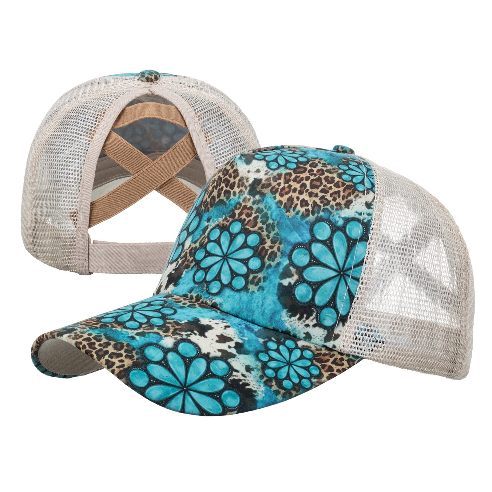 Wholesale Western Style Aztec Cow Print Leopard Mesh Cap Ponytail Cap Baseball Cap Hat ACC-HT-RongZhao005