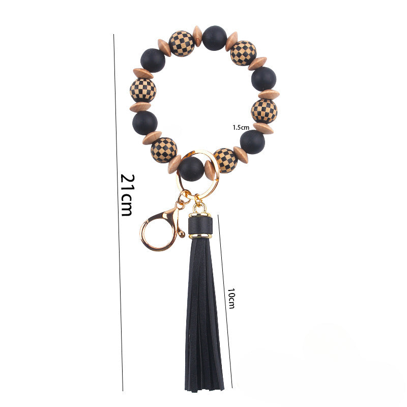 Wholesale Patterned Wood Beads Beaded Silicone Wrist Keychain with Tassel Bulk Keychains ACC-KC-GuangTian039