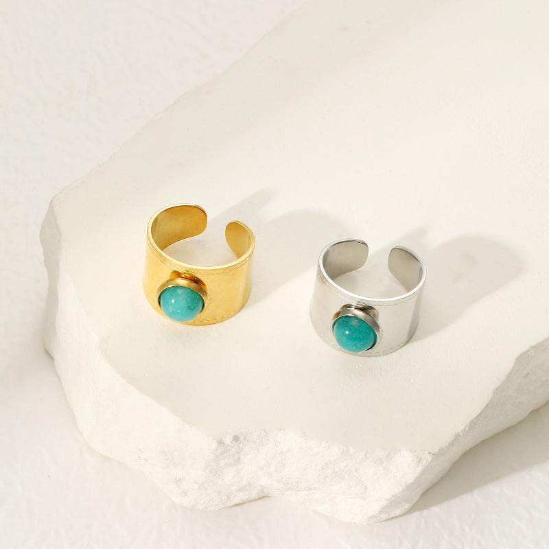 Wholesale Wide Edge Inlaid Natural Stone Stainless Steel Ring Open Rings ACC-RS-YunHe001
