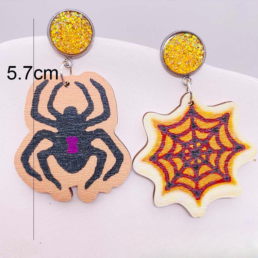 Wholesale Halloween Pumpkin Forest Skull Spider Web Wood Earrings ACC-ES-ChenY081