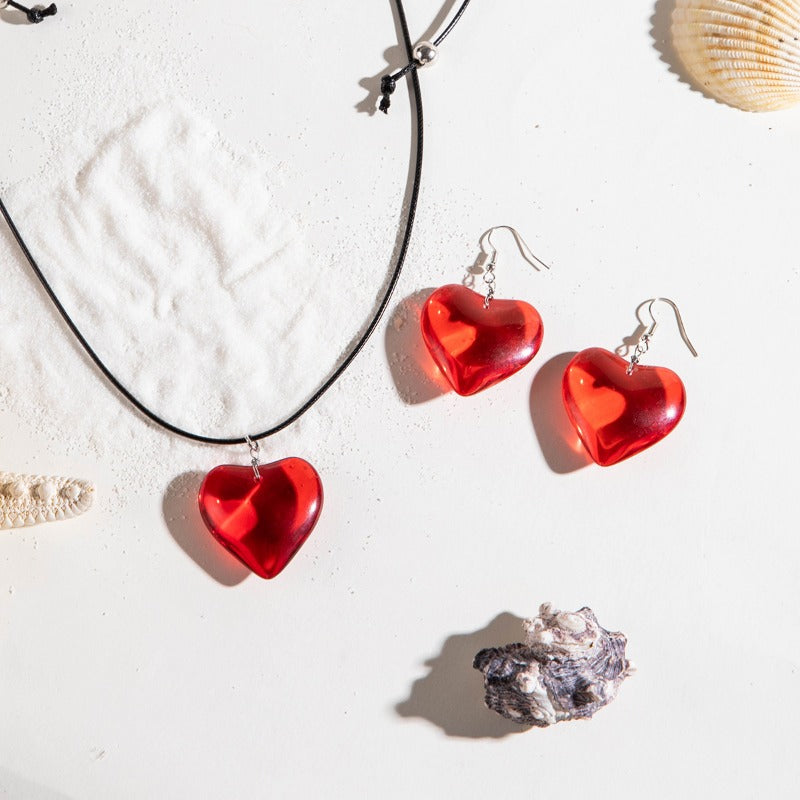 Wholesale Resin Peach Heart Earrings Necklace Red Love Heart Jewelry Set  ACC-NE-YongGe019