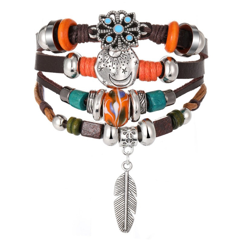 Wholesale Wax Rope Leaves Stars Moon Multi-layer Bracelet ACC-BT-HanSJ005