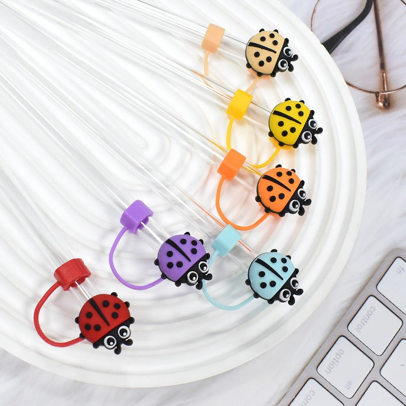 Wholesale Random 100pcs Colorful Seven-spotted Ladybug 10mm PVC Soft Straw Tube Cap ACC-SCR-RYY143