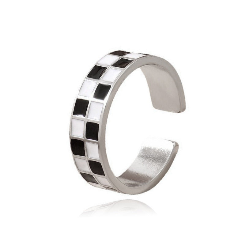 Wholesale Black and White Checkerboard R Vintage Enamel Stainless Steel Ring ACC-RS-MiYi005